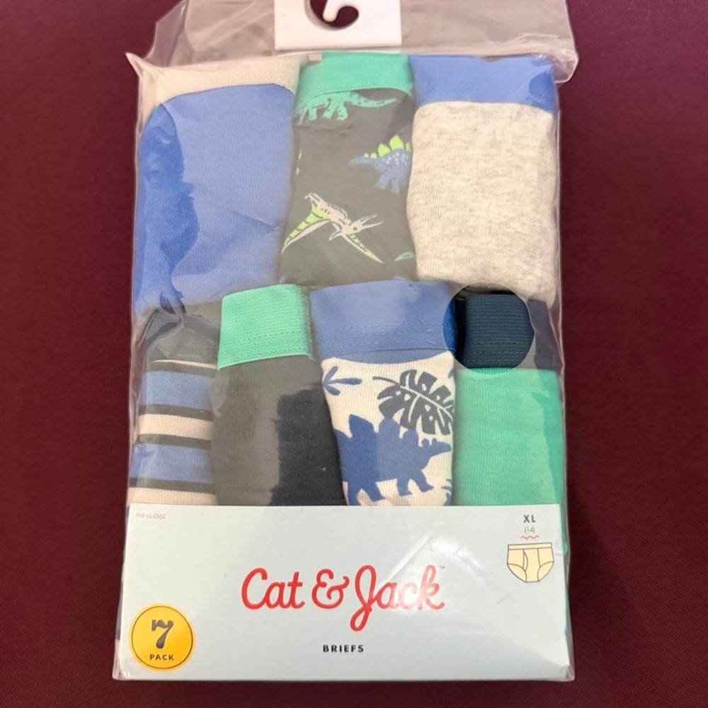 Cat & Jack Boys Dinosaur Briefs 7 Pack Cotton Underwear Blue Green XL 14 NEW